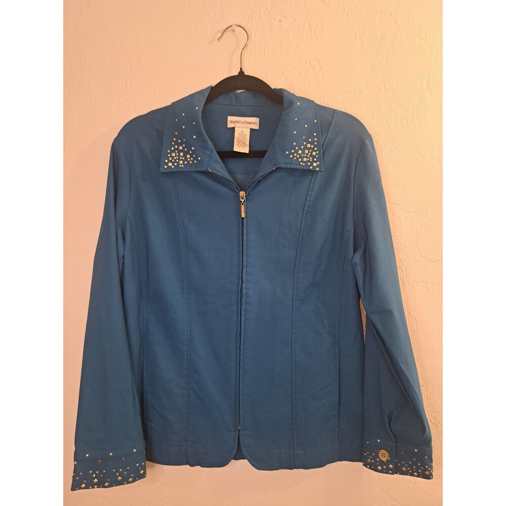 Draper's & Damon's Blue Studded Zip Jacket Pockets M‎ Y2K 2000s McBling Classy